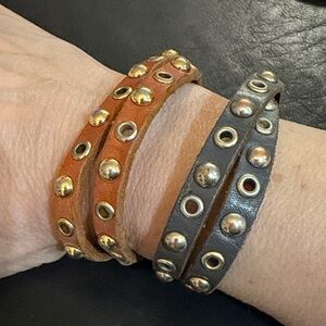 Studded Leather Wrap Bracelet Set - Gold Accents